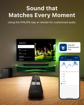 PHILIPS B5309 wireless subwoofer back view emphasizes deep bass performance