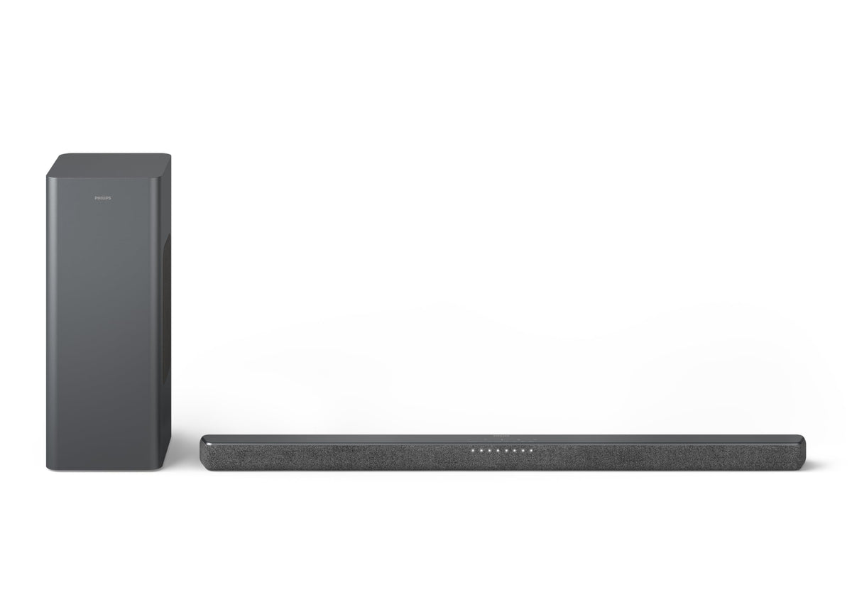 Philips B6309 soundbar front view with compact wireless subwoofer enhances dialogue and music.