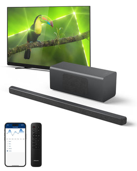 Philips B6309 wireless subwoofer paired with the soundbar delivers deep bass in living rooms.