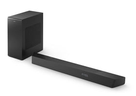 PHILIPS B8907 soundbar front view showing slim profile and nearby subwoofer