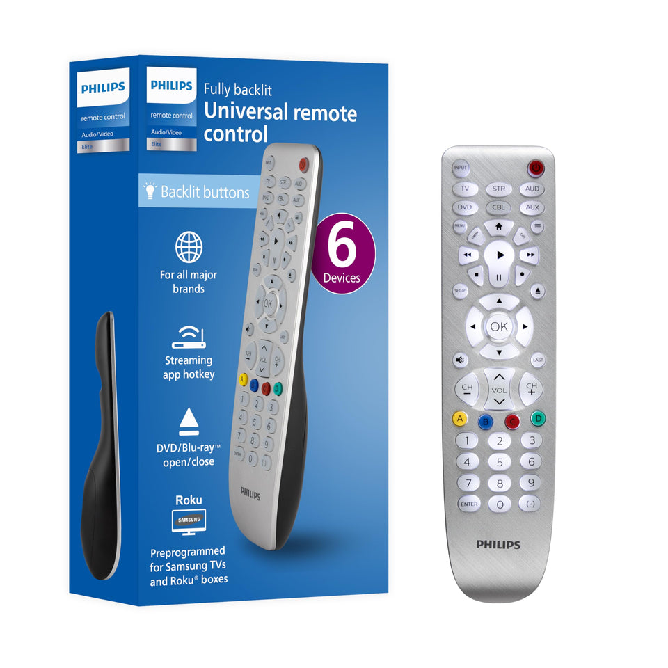 PHILIPS front view of universal remote showing full keypad and silver finish for easy control