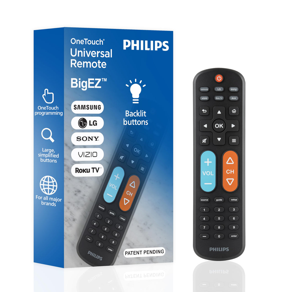 PHILIPS front view of remote showing large buttons and clear layout for easy control
