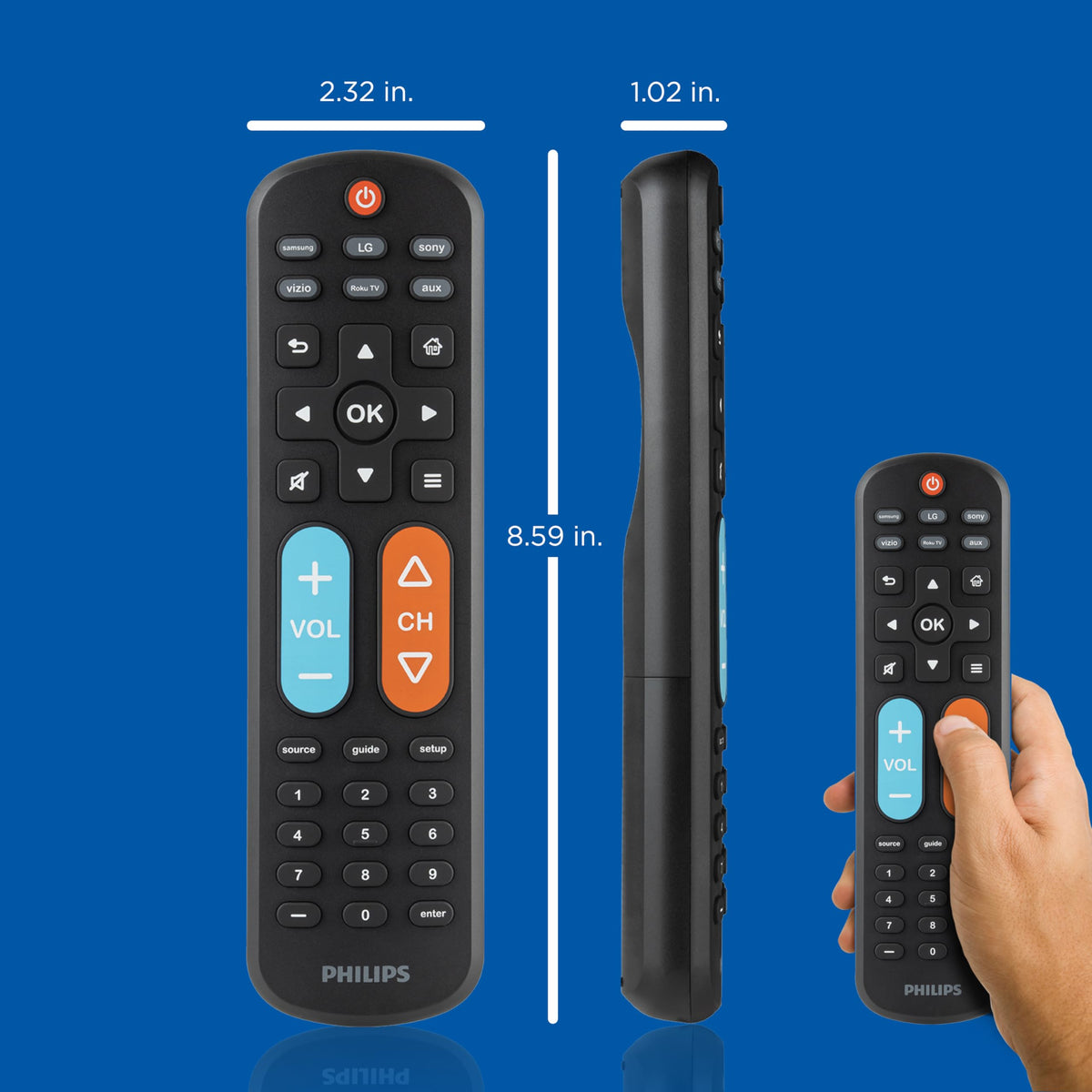 PHILIPS retail packaging with remote and guide highlighting what’s included and setup