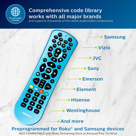 Philips remote includes Blu-ray open/close and DVR navigation for quick media access.