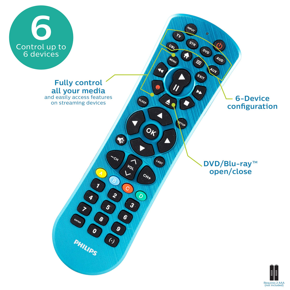 Blue-finish Philips remote adds color and ergonomic comfort to home theater sessions.