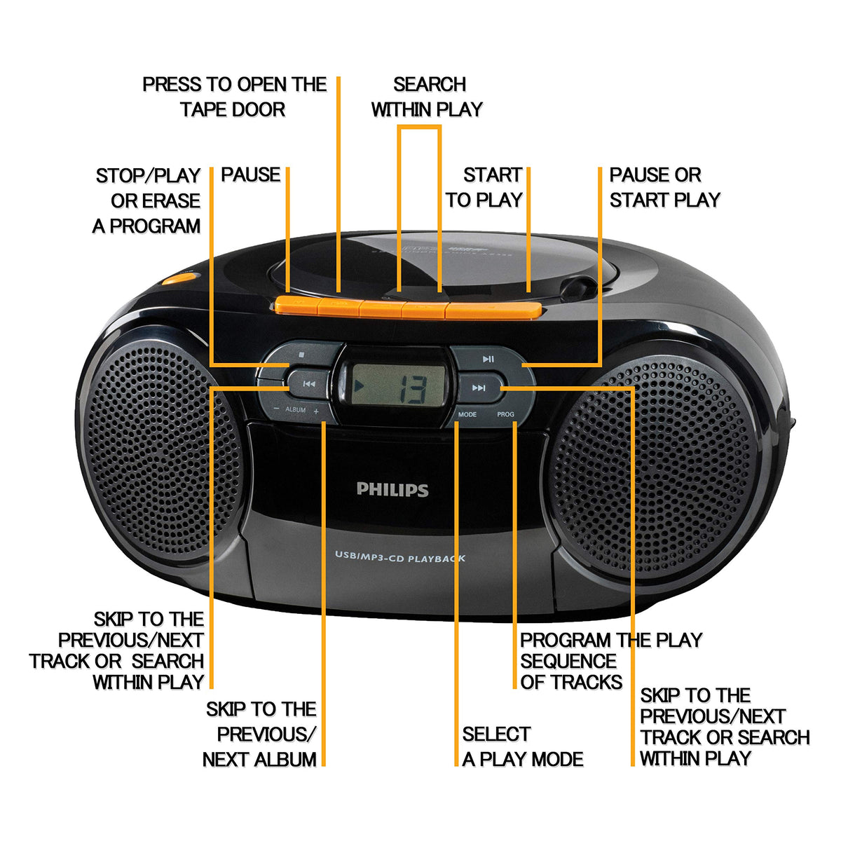 PHILIPS boombox with Dynamic Bass Boost for deeper bass at any volume.