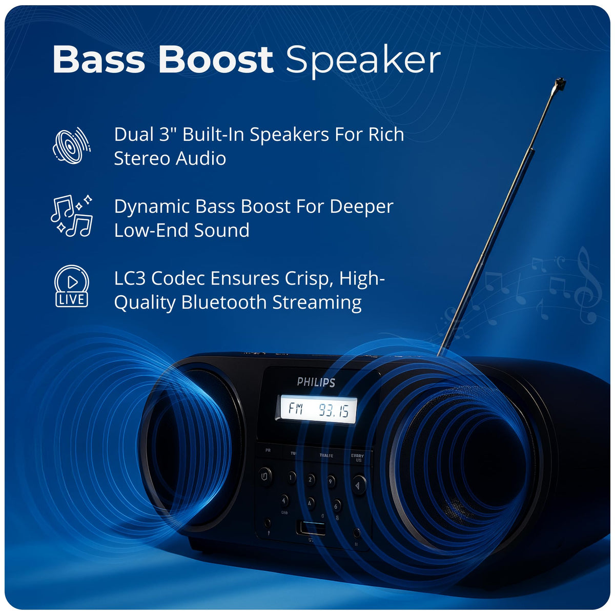 Philips boombox with FM presets for quick radio access anywhere