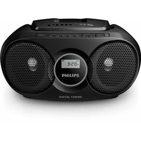 PHILIPS portable boombox shows USB and FM radio inputs for versatile everyday use.