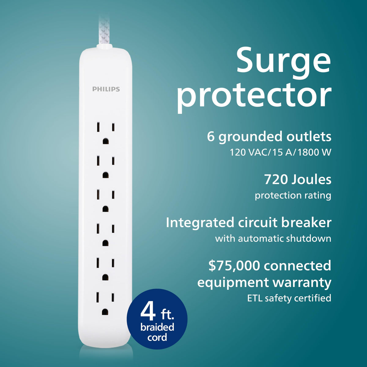 Philips braided 4 ft cord provides tangle-free power and a stylish setup