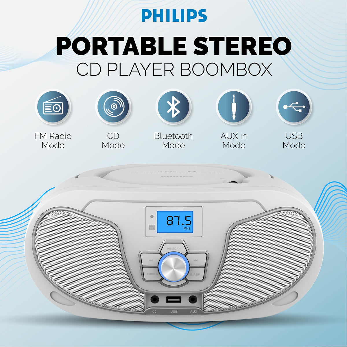 PHILIPS CD Player Boombox top-loading CD tray for quick playback