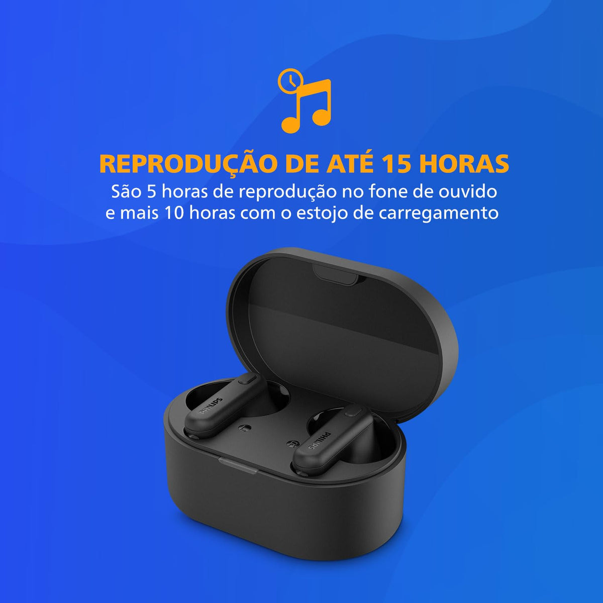 PHILIPS open charging case with earbuds seated, showing storage and extra battery convenience