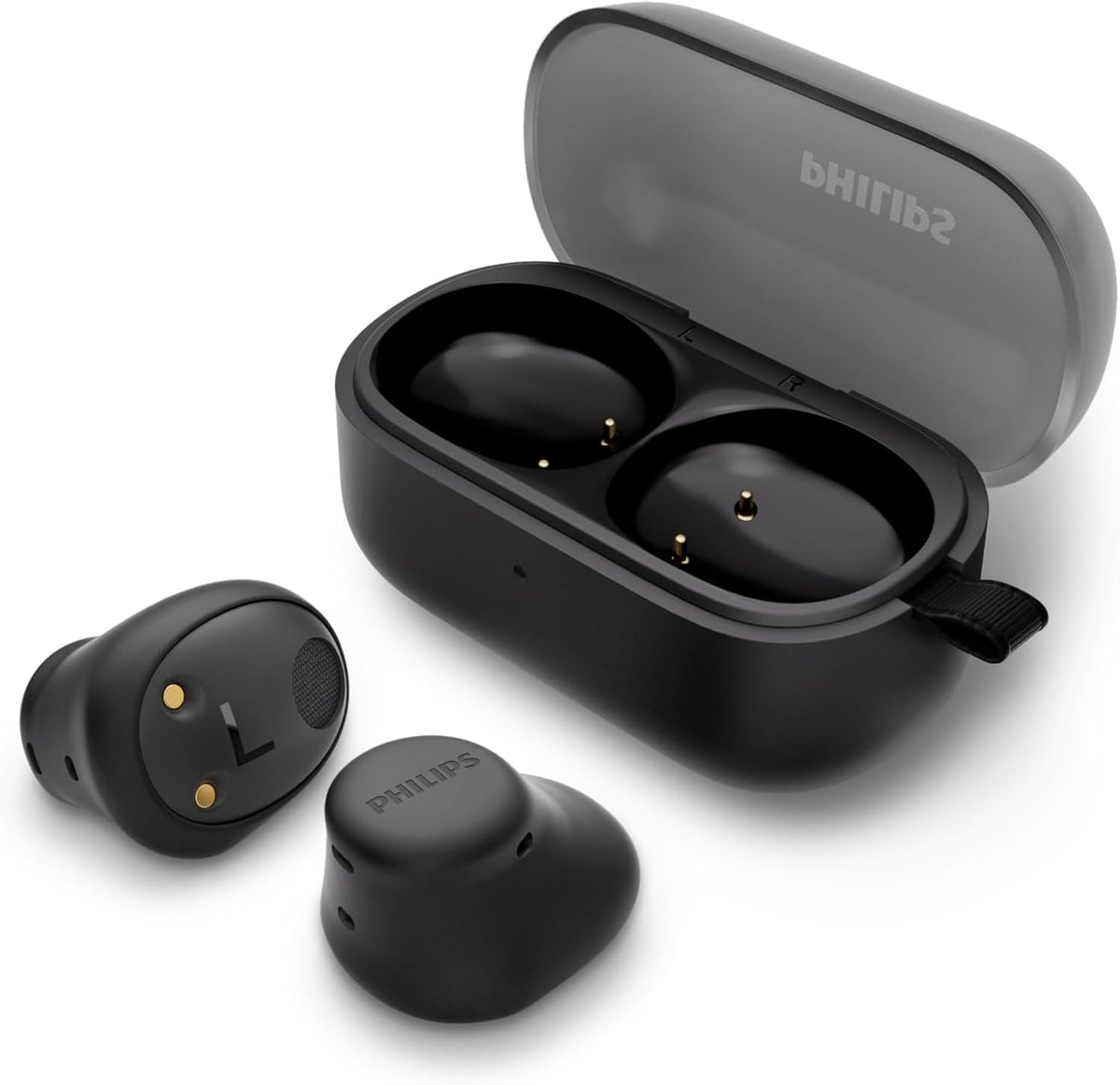 PHILIPS earbuds front view with compact case showing pocket-friendly carry
