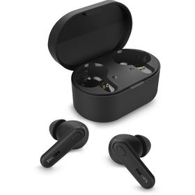 PHILIPS front view of earbuds showing compact design and clear branding, ideal for portability