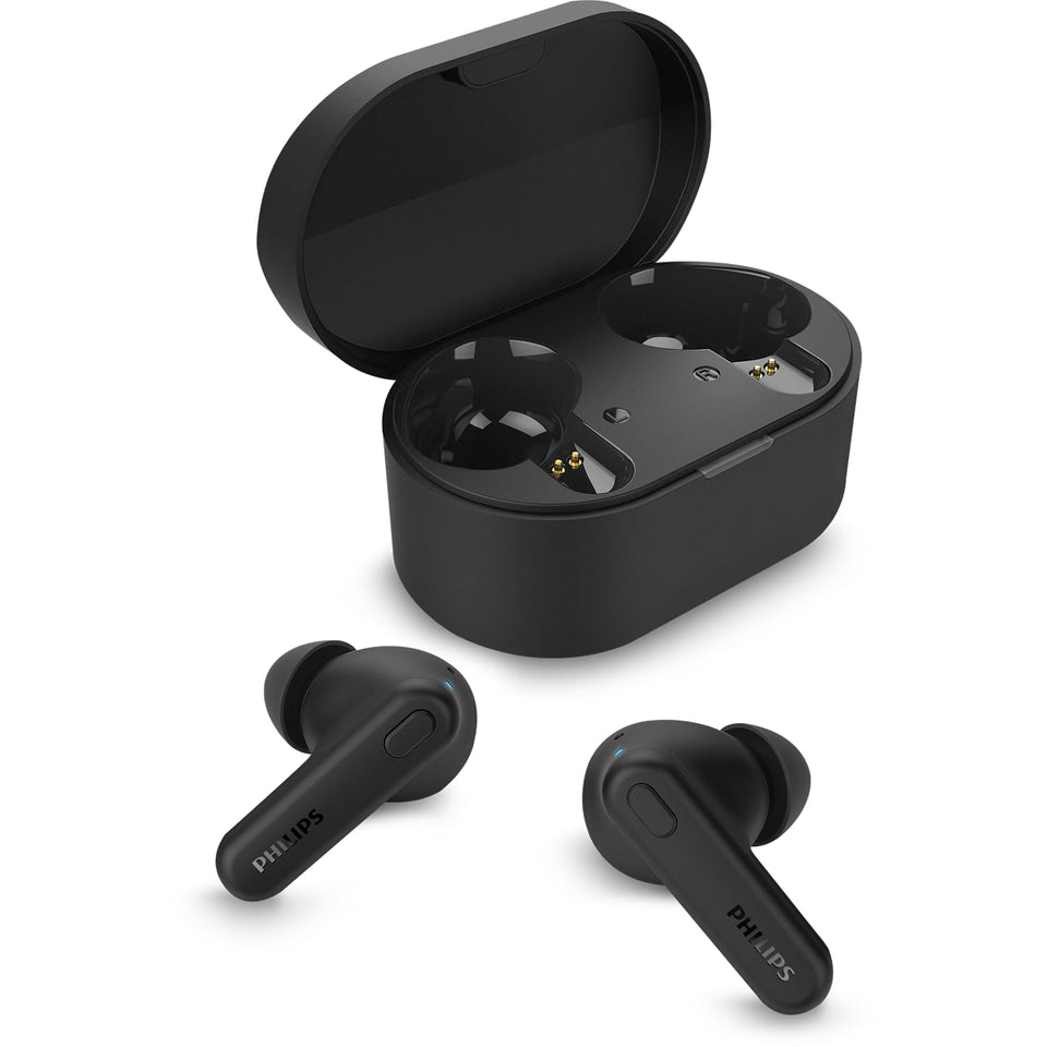 PHILIPS front view of earbuds showing compact design and clear branding, ideal for portability
