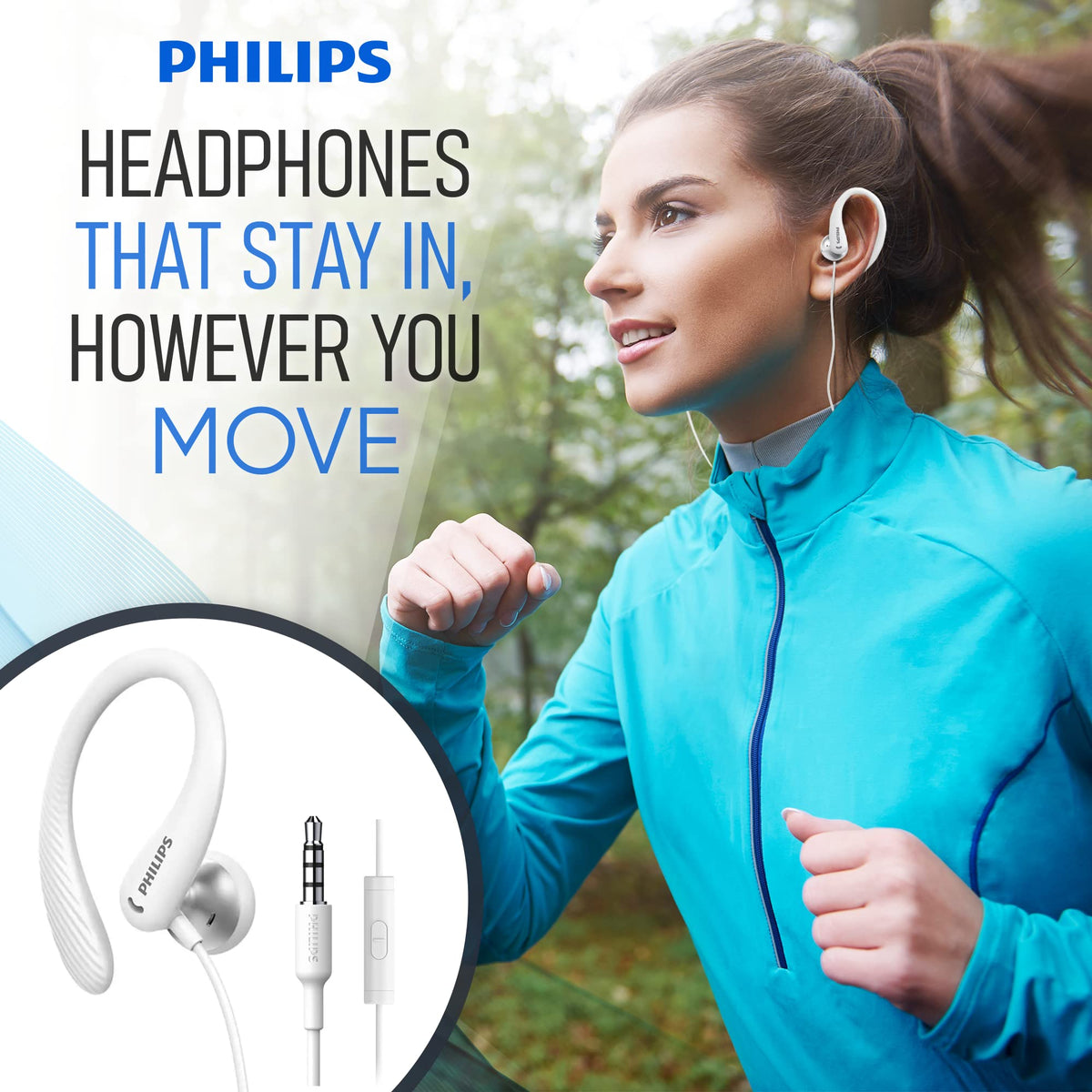 PHILIPS white earbuds in action during running; secure fit and comfort.