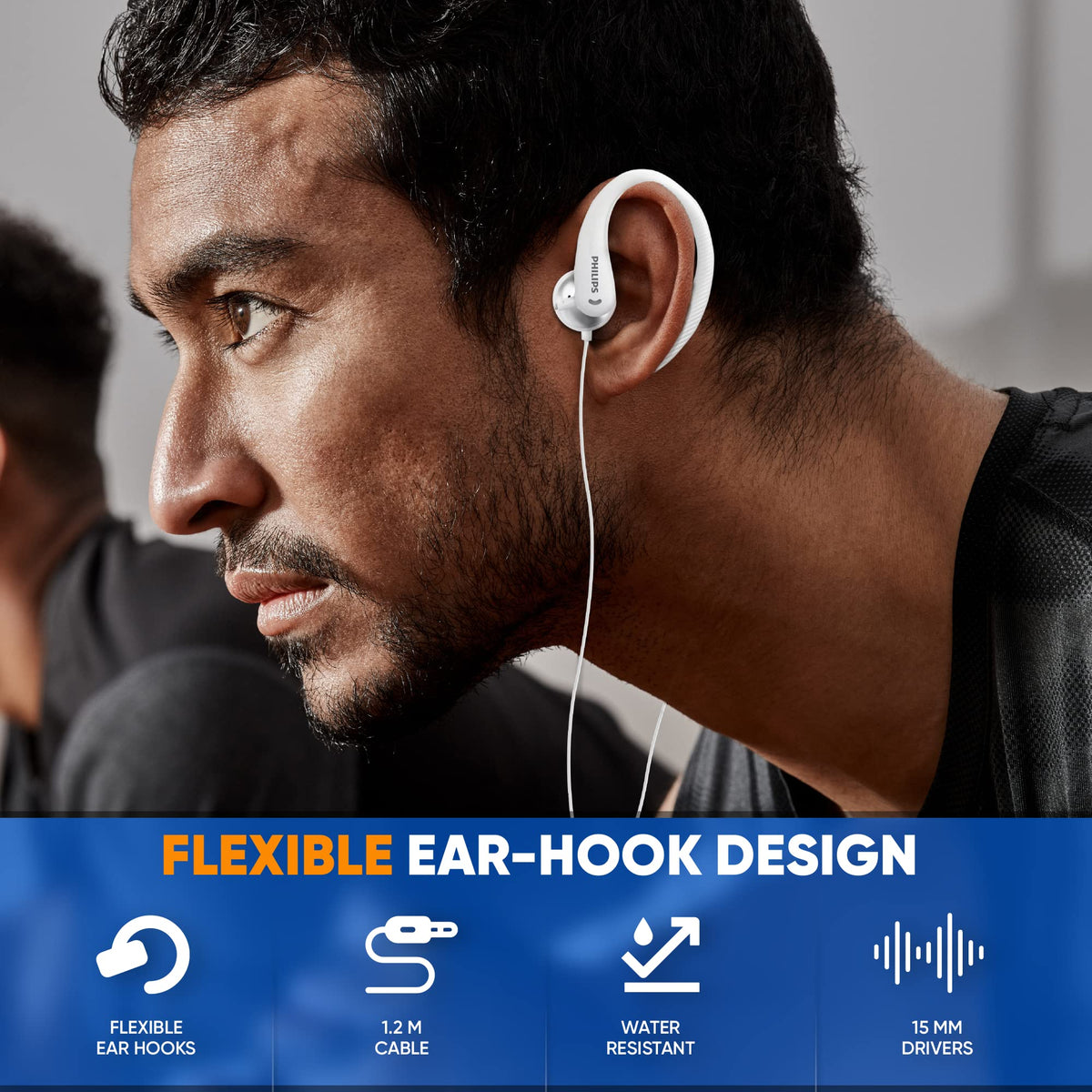 PHILIPS earbuds with built-in microphone white, close-up; clear call use during sports.