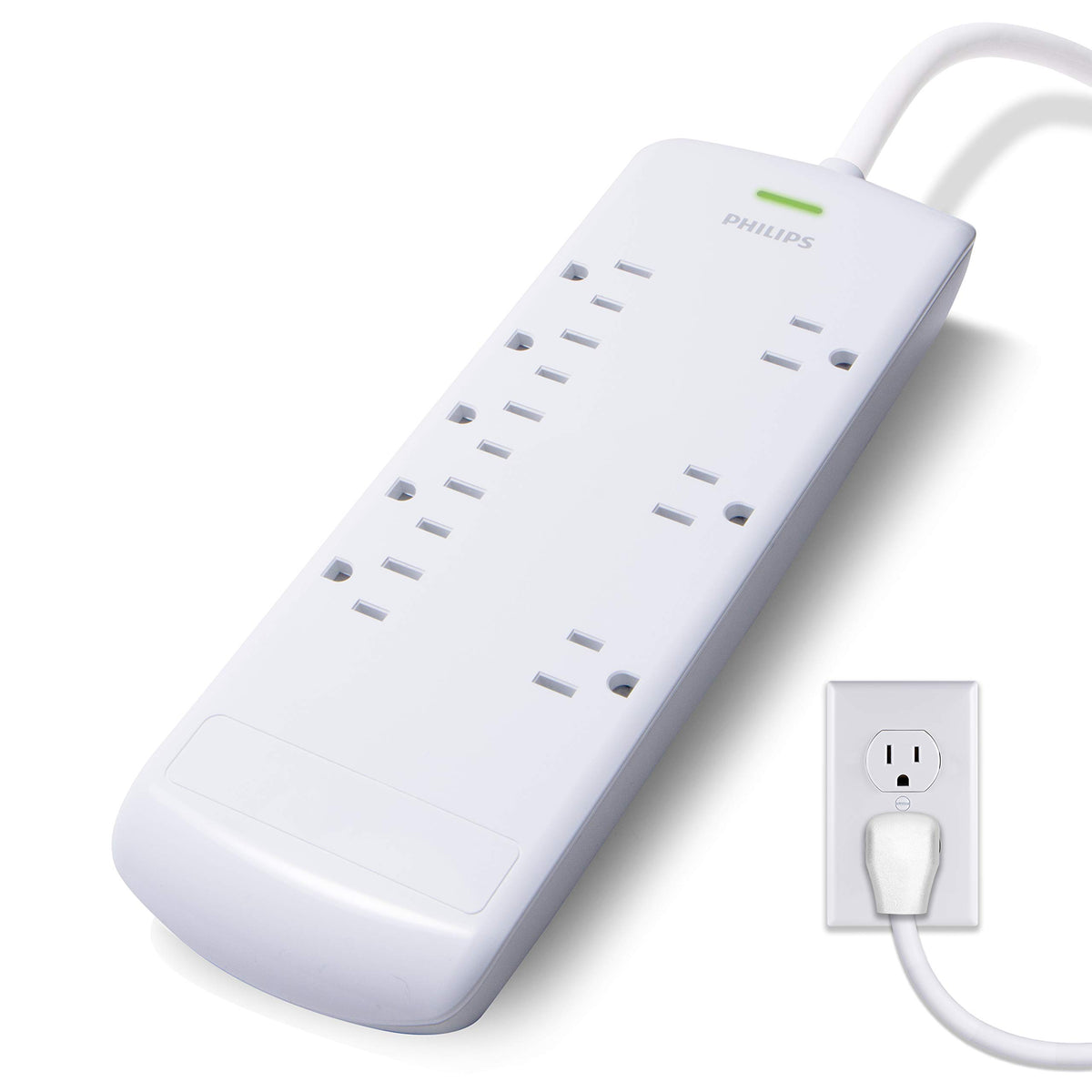 Philips eight-outlet surge protector with 8ft cord keeps devices powered across the room.