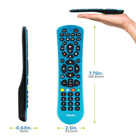 Philips ergonomic blue remote in hand offers clutter-free control across multiple entertainment devices.