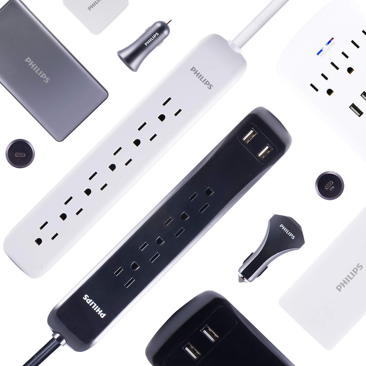 Philips ETL-listed eight-outlet power strip suitable for home office and entertainment centers.
