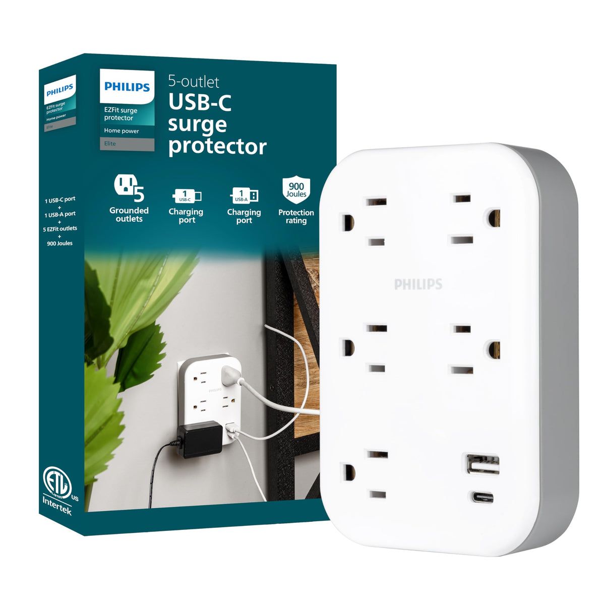 PHILIPS EZFit 5-outlet extender wall tap with USB ports for clutter-free charging