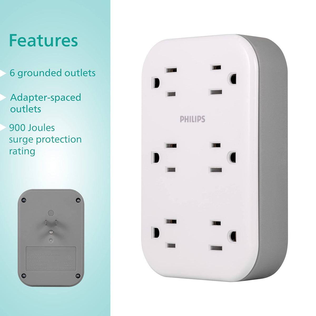 PHILIPS close-up of EZFit plastic finish and widely spaced outlet layout for bulky plugs