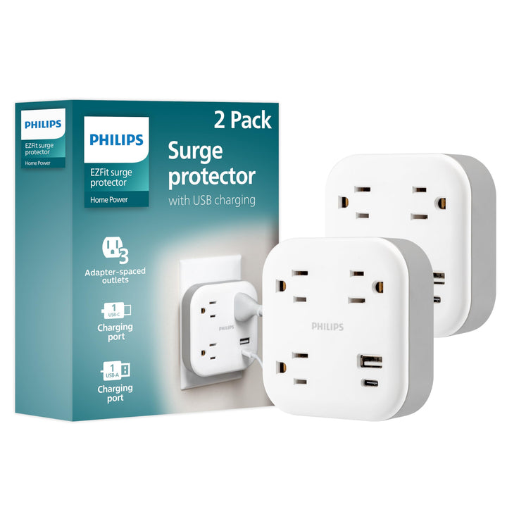PHILIPS front view of EZFit showing three outlets and USB ports, saves space