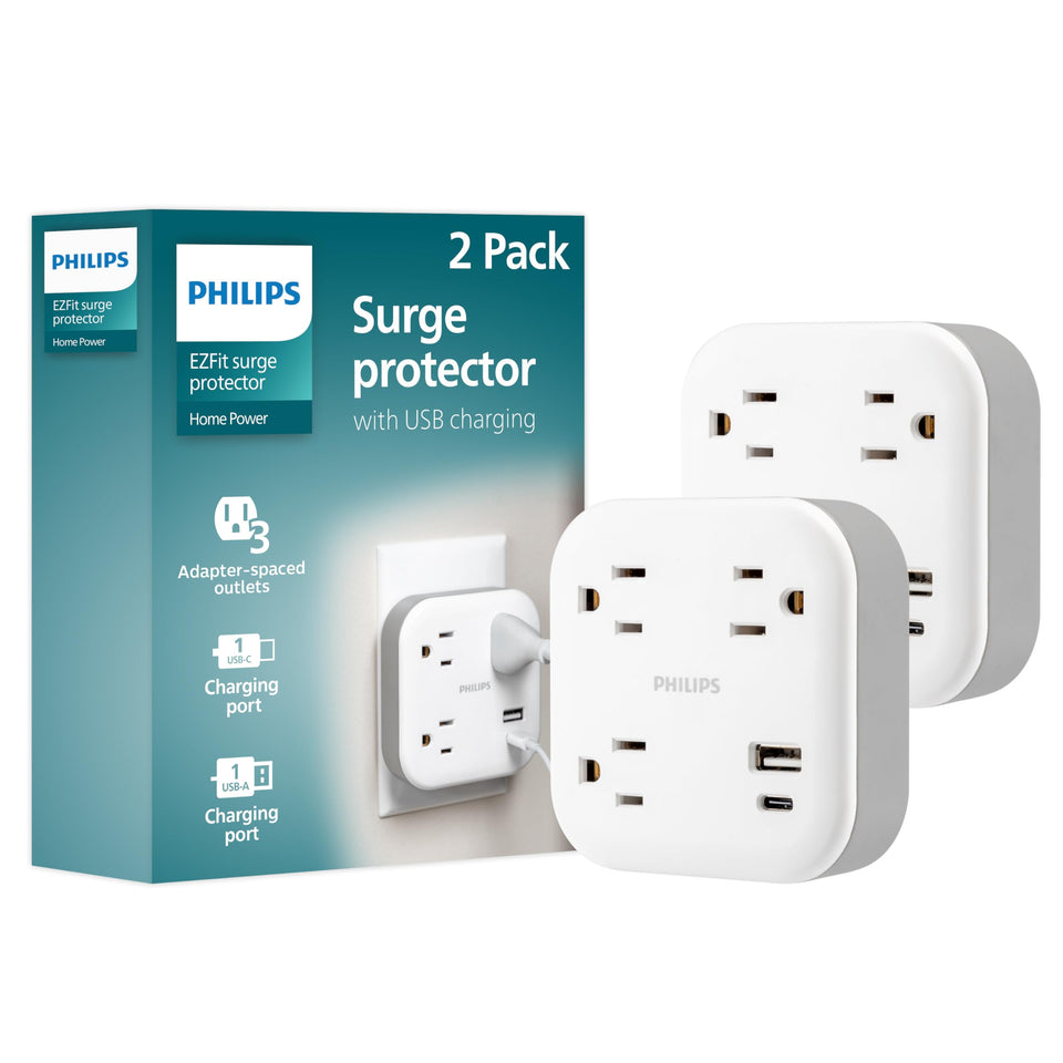 PHILIPS front view of EZFit showing three outlets and USB ports, saves space