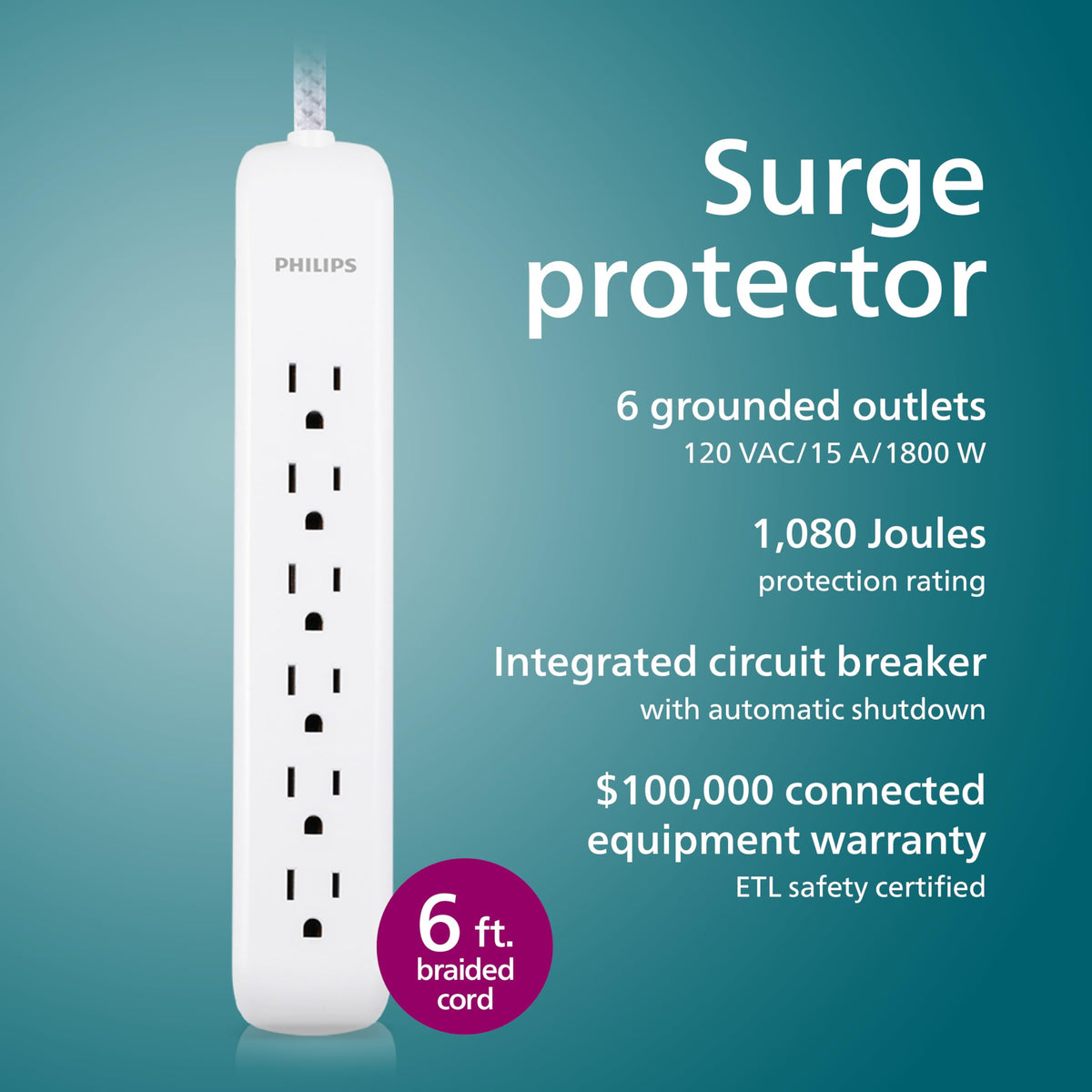 PHILIPS 6ft braided extension cord with flat plug for behind furniture placement.