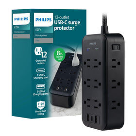 PHILIPS front view of 12-outlet power strip showing layout and sleek finish for organized charging