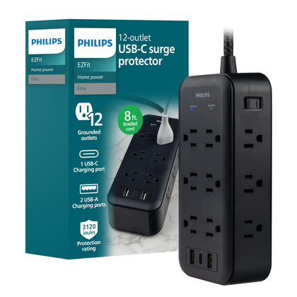 PHILIPS front view of 12-outlet power strip showing layout and sleek finish for organized charging