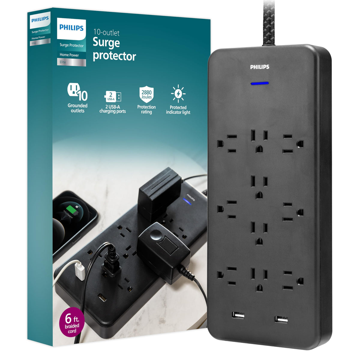 Philips front view showing 10 outlets and organized layout for efficient power