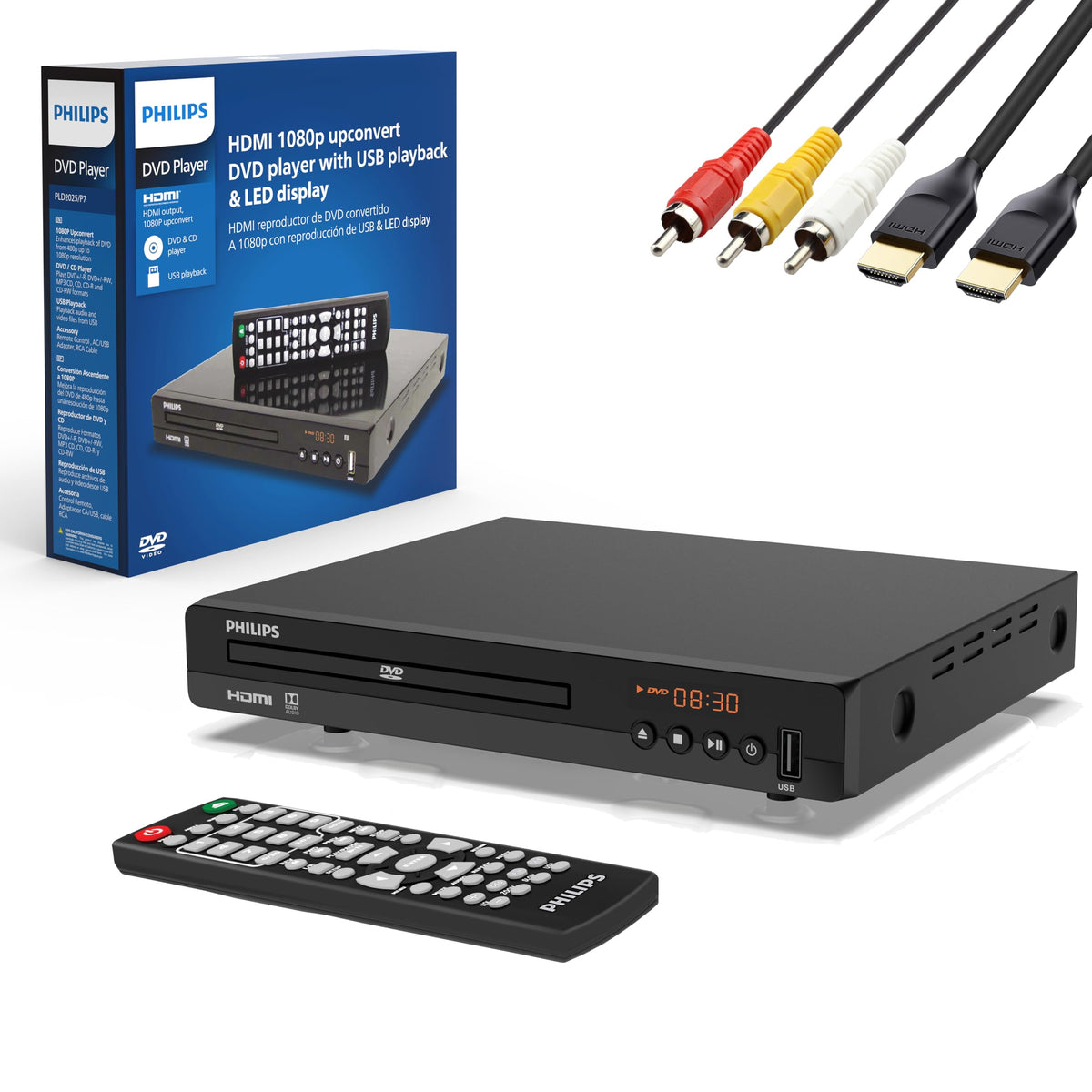 PHILIPS front view of DVD player showing disc tray and sleek design benefit: easy placement