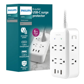 PHILIPS front view of surge protector showing outlets and white housing for organized power