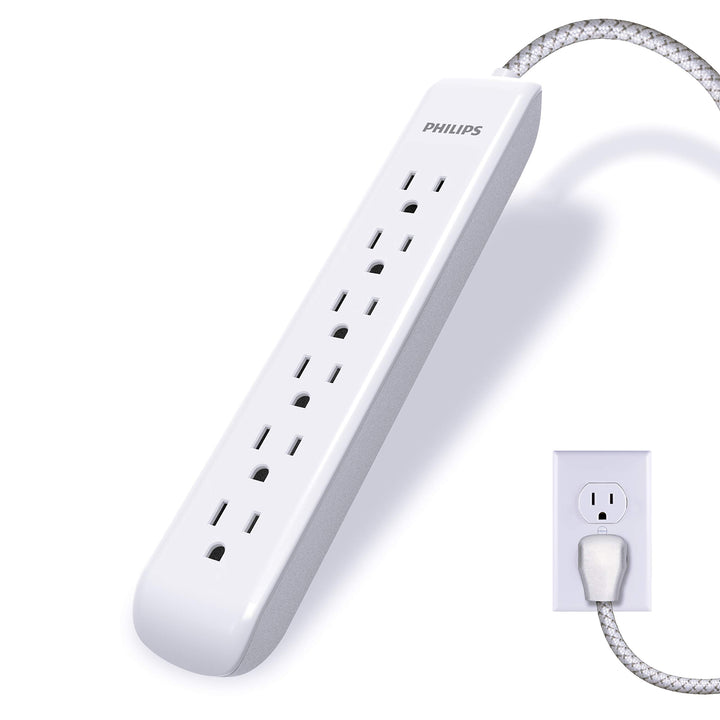 PHILIPS front view of 6-outlet power strip showing compact layout and easy access outlets