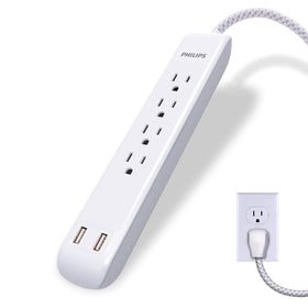 Philips front view power strip showing outlets and USB ports for organized charging