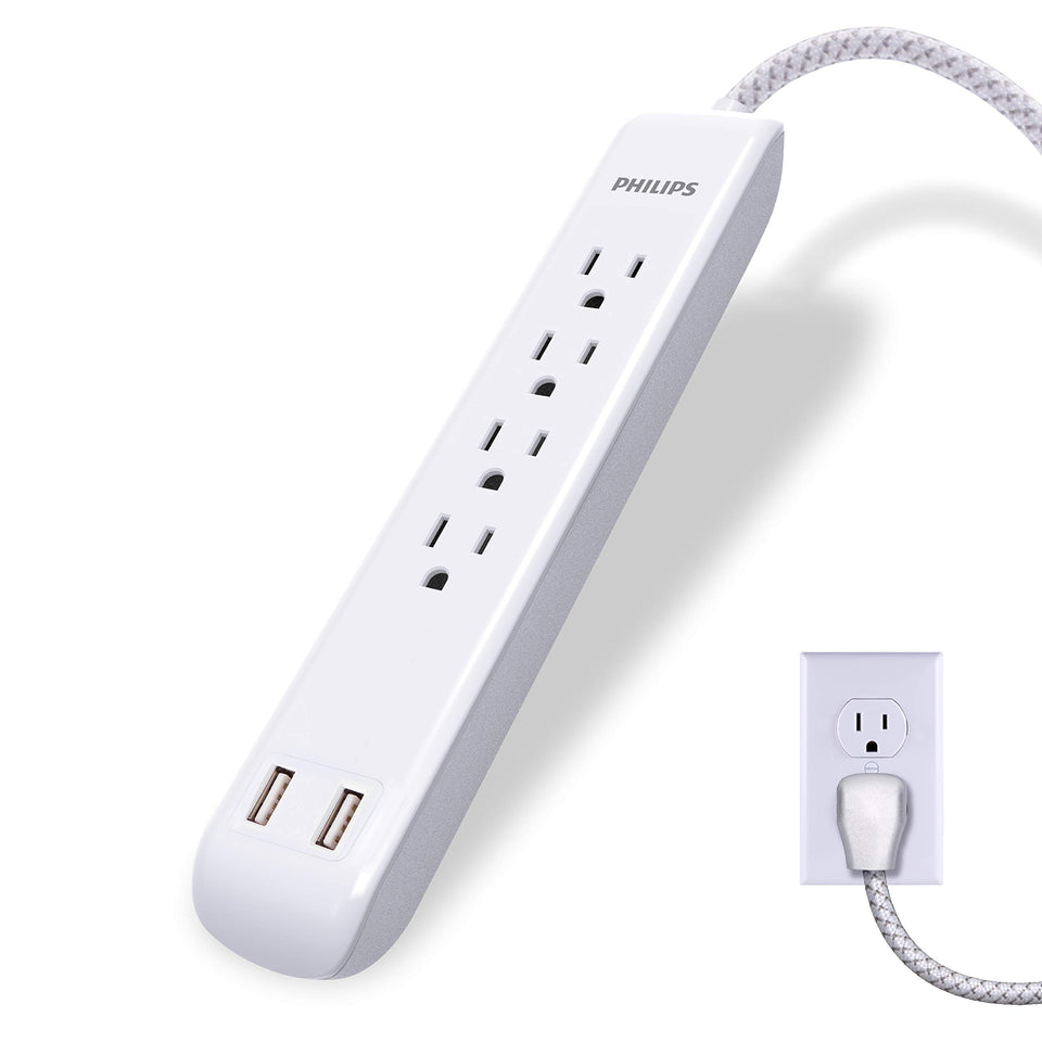 Philips front view power strip showing outlets and USB ports for organized charging