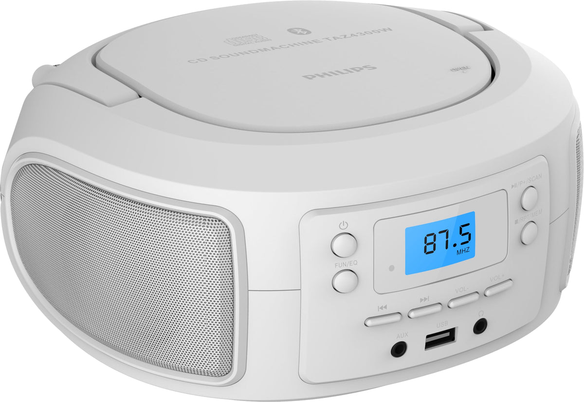 PHILIPS front view of TAZ4300 boombox showing clear controls and white finish benefit portable convenience