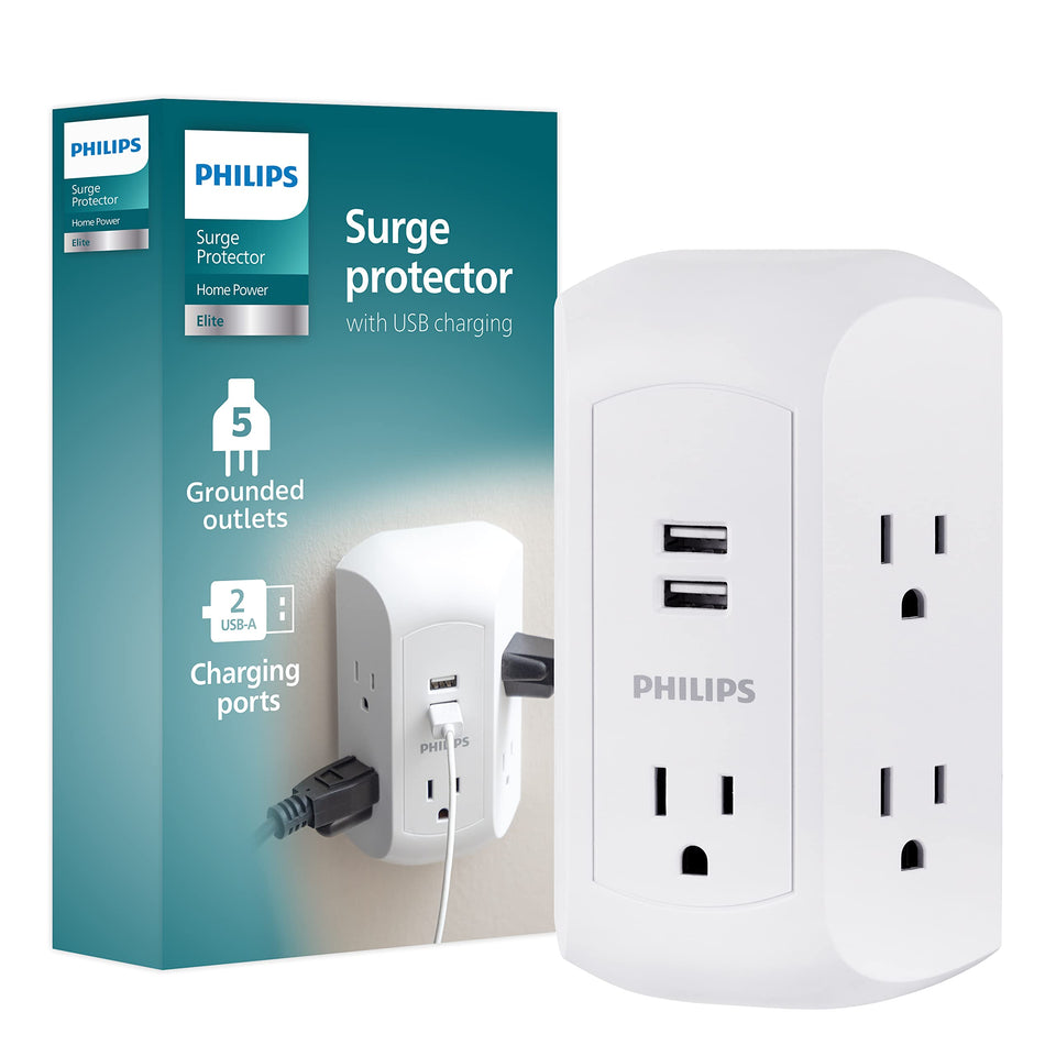 Philips front view wall tap showing five outlets and two USB ports for flexible charging