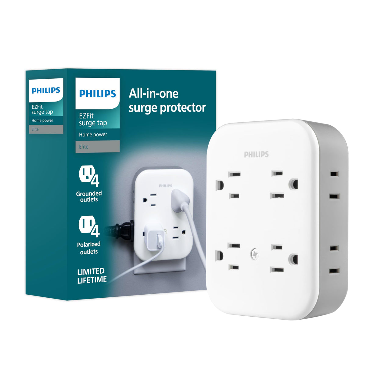 PHILIPS front view of surge tap showing all eight outlets and compact design for space-saving