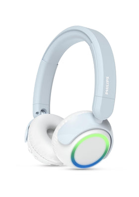 Philips K4200 headphones with blue LED lights enhance fun listening sessions for kids.