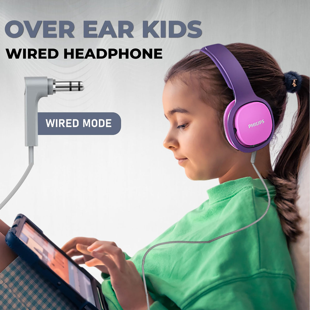 PHILIPS Kids Headphones displaying 32mm drivers for balanced stereo