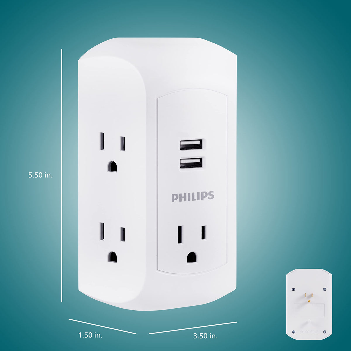 Philips label and specs closeup showing 560J surge protection and warranty details
