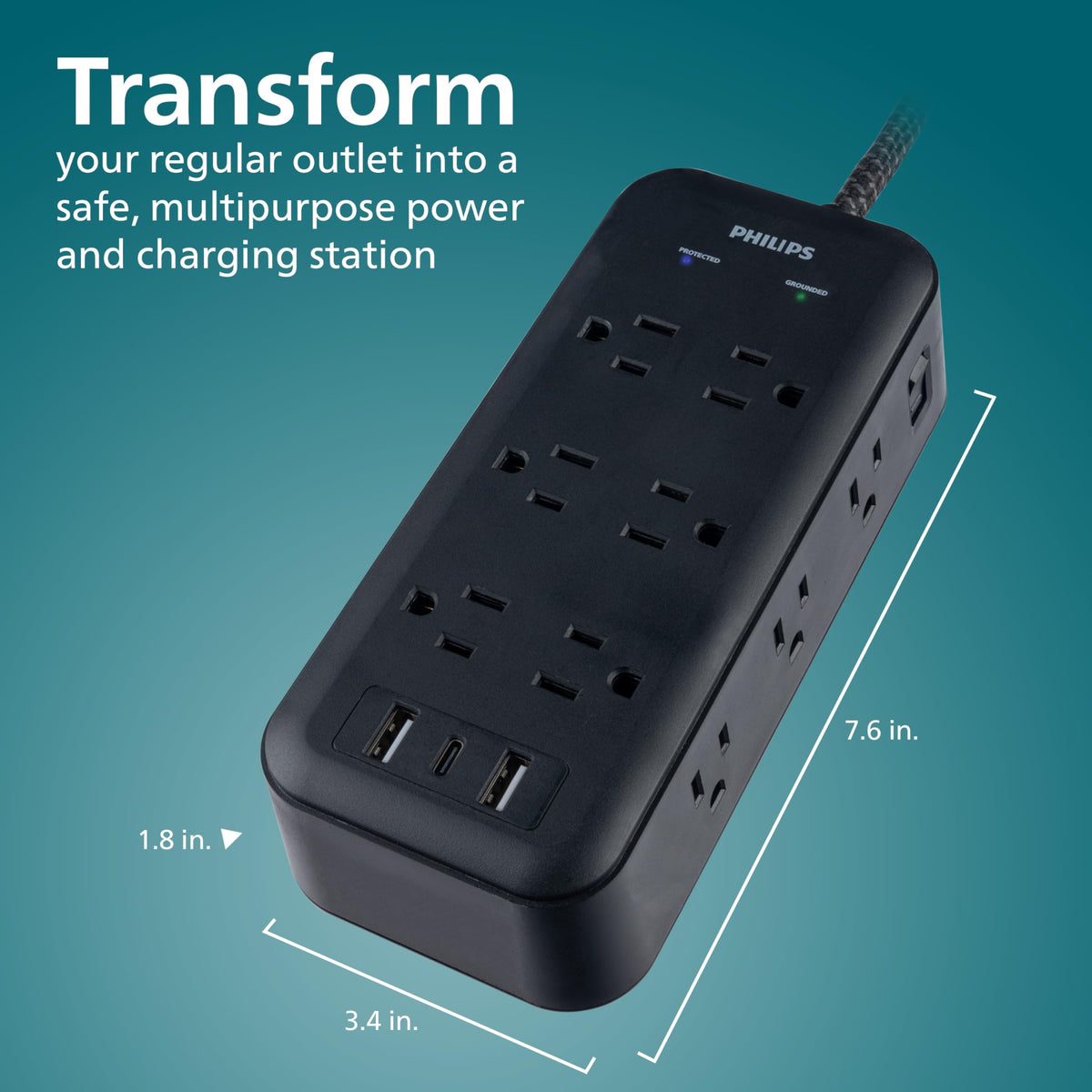 PHILIPS LED indicator lights and reset switch close-up for visible protection status and safety