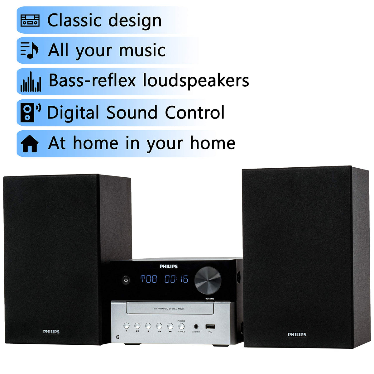 Philips micro music system CD playback delivers crystal-clear CD listening.
