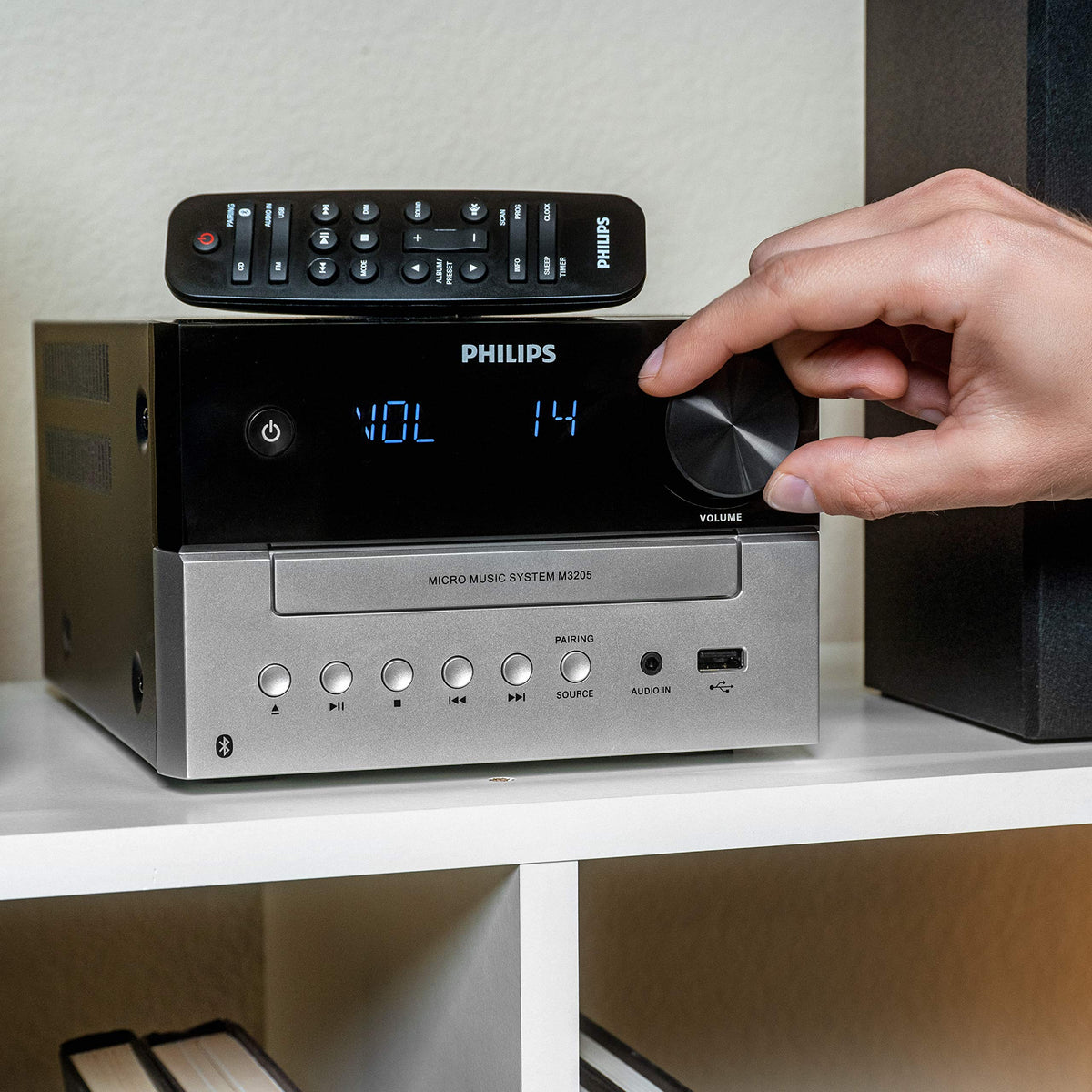 Philips micro music system retro styling complements modern rooms.
