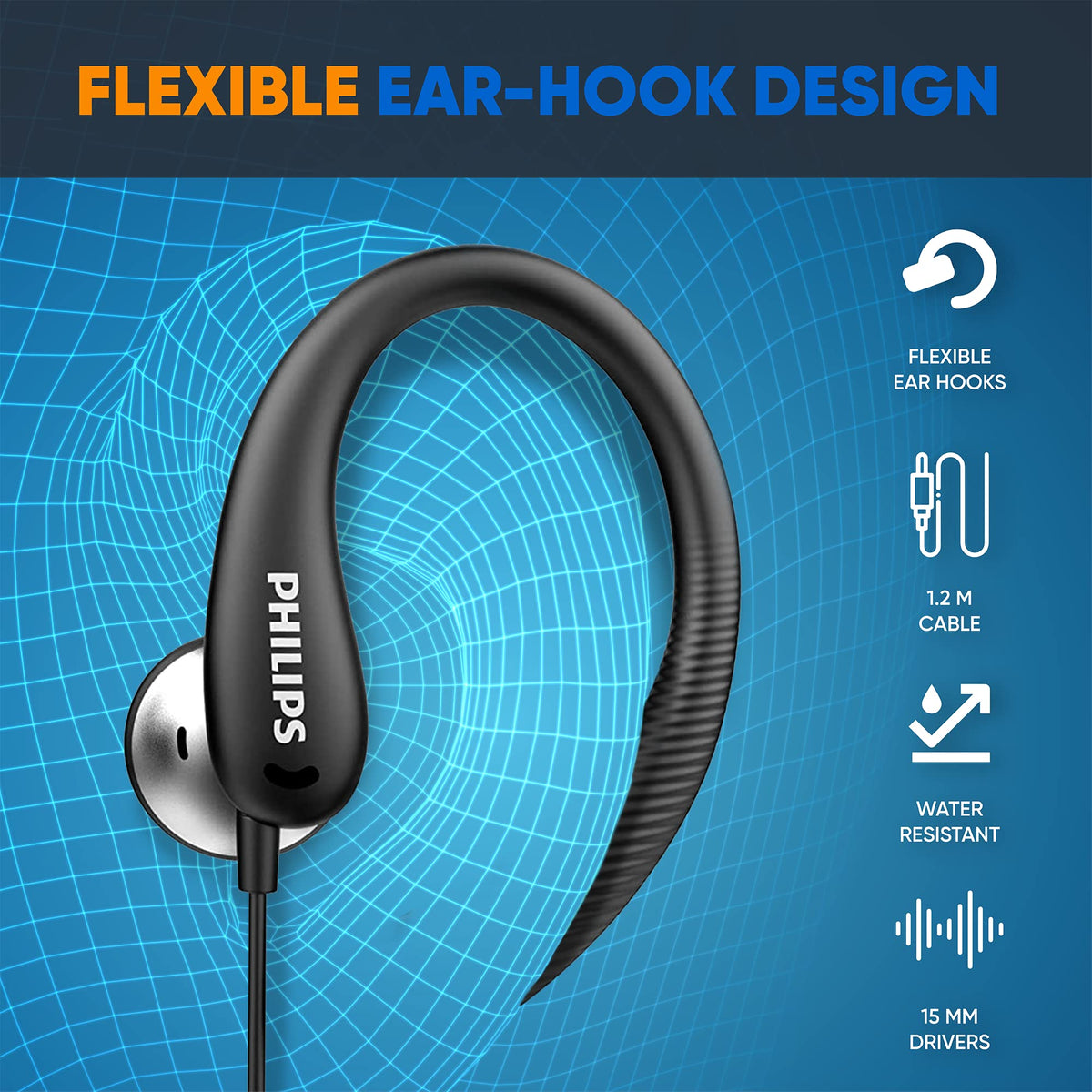 PHILIPS over-the-ear earbuds ipx2-sweat-resistant for gym sessions.