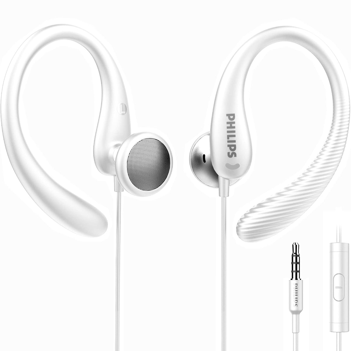 PHILIPS over-the-ear earbuds white, front view; secure fit for workouts.