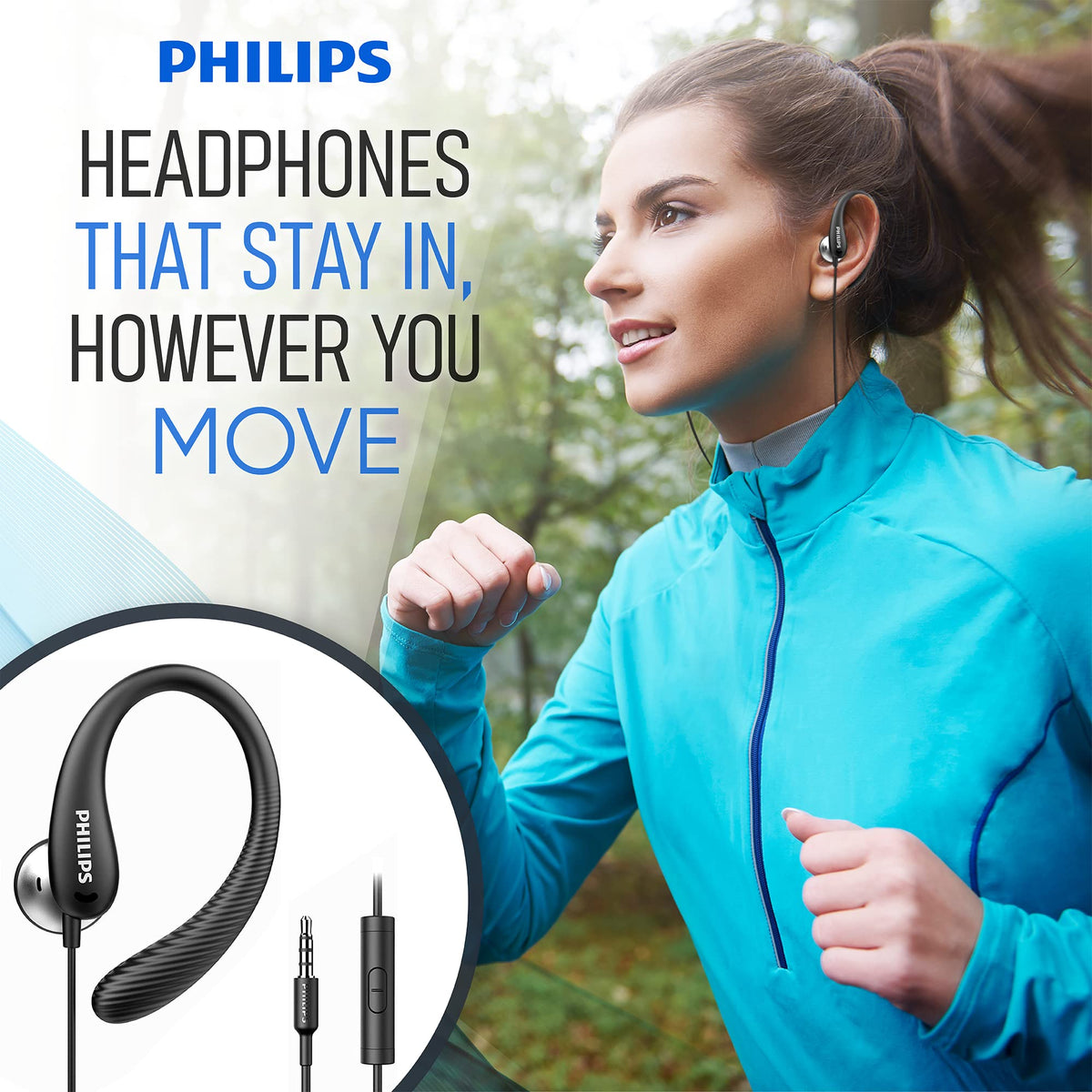 PHILIPS over-the-ear earbuds wrap-around-design for stable runs.