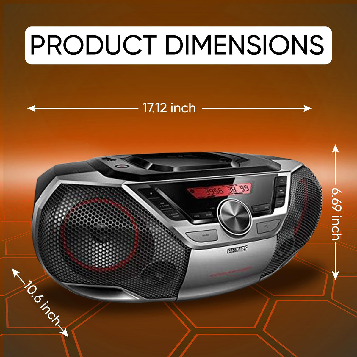 PHILIPS portable boombox bass-reflex system delivers deeper bass from a compact cabinet.