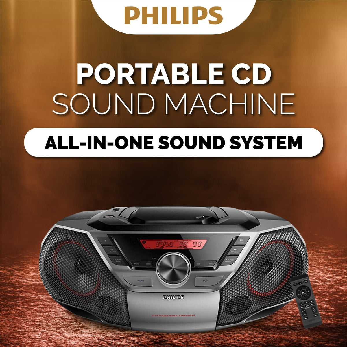 PHILIPS portable boombox Bluetooth setup enables wireless streaming from your smartphone.